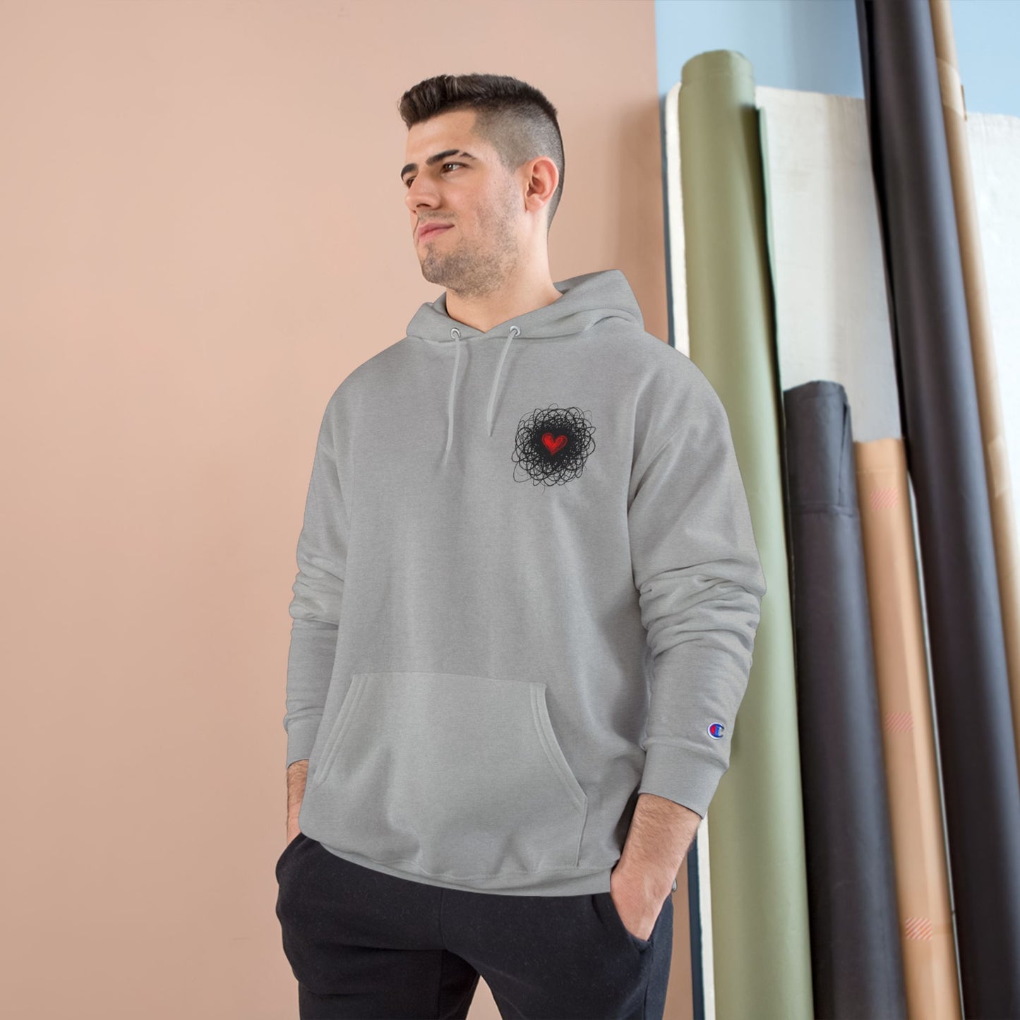 Black Red Doodle Heart | Champion Hoodie